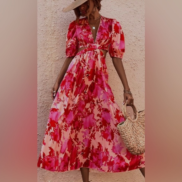 Allover Floral Print Cutout Puff Sleeve Dress - Picture 1 of 7